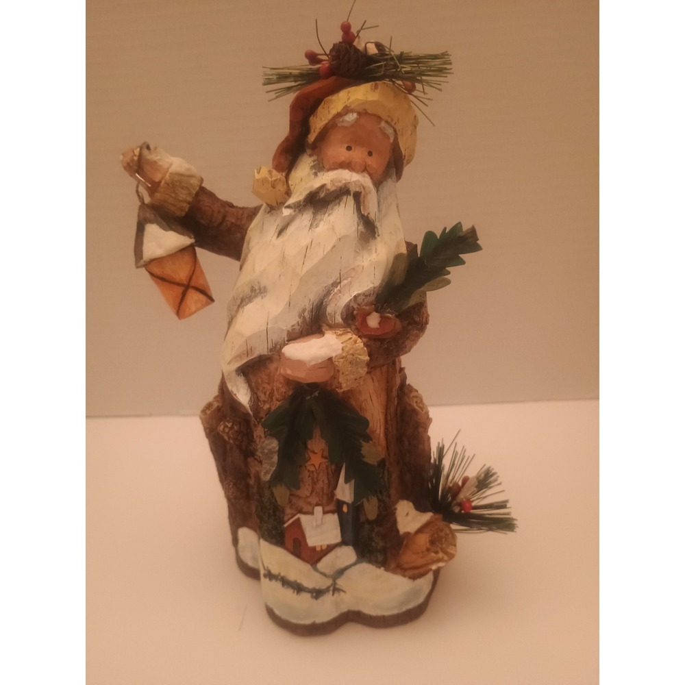 Santa World Figurine Carved Tree Bark/Red Bird & House